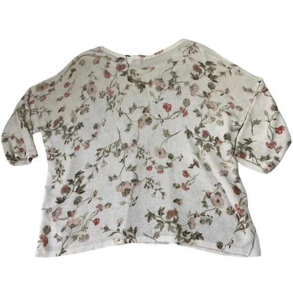 J Jill Blouse Womens L Ivory Pink Floral Linen Blend 3/4 Sleeve Loose Open Knit - Picture 3 of 8